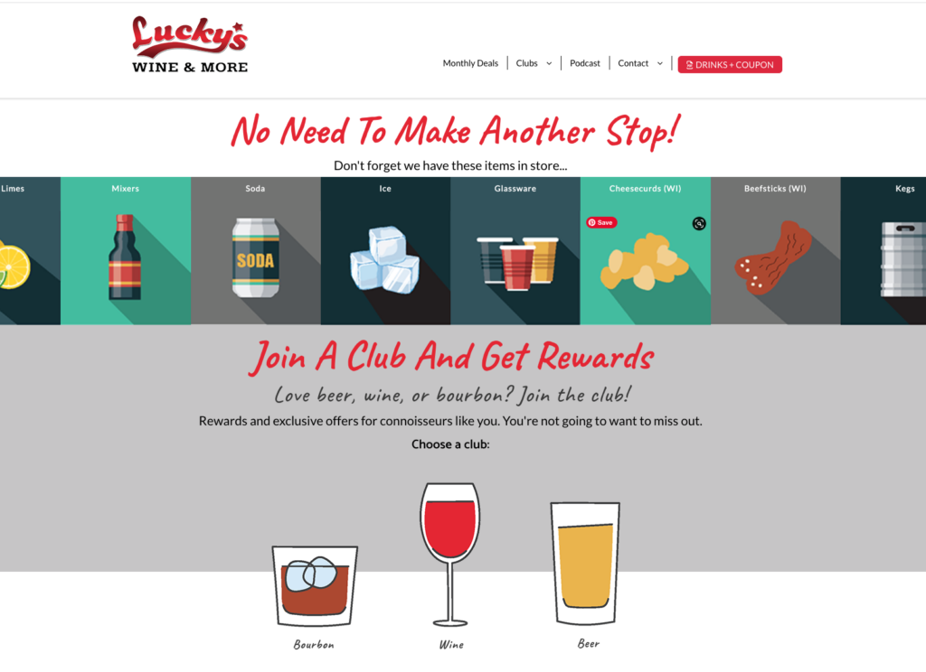 website design for lucky's wine and more
